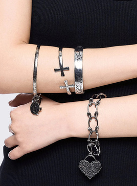 Minga新品亚文化复古 天使十字架/心形图案 做旧银色手镯手链套装