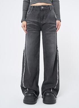 Minga新品美式复古水洗黑色白色毛边开衩高腰宽松阔腿牛仔长裤