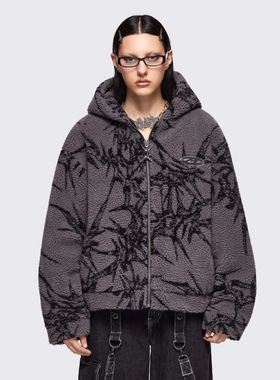 Minga新品 亚文化朋克黑色荆棘图案 羊羔毛宽松连帽外套夹克