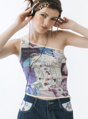 Sixthdimension  Tamagotchi Asymmetric Mesh Top斜肩背心上衣