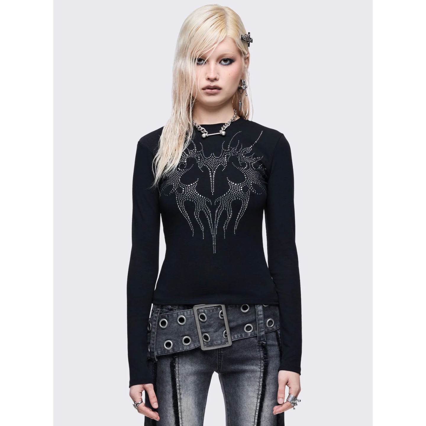 Minga亚文化y2k心形水钻长袖上衣