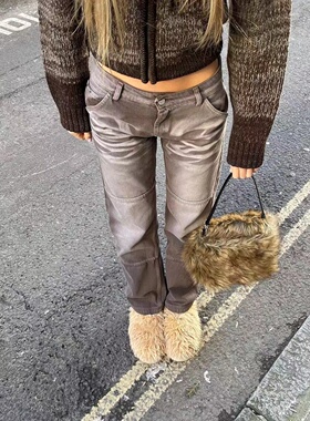 Minga春夏新品美式复古水洗棕扎染自然腰显瘦百搭直筒牛仔裤长裤