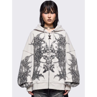 Minga新品 亚文化朋克 黑色十字架图案 连帽拉链外套/卫裤套装