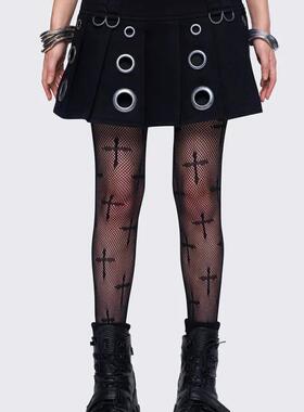 Minga 新品 千禧辣妹Y2K黑色 银色孔眼装饰 自然腰百褶短裙半裙