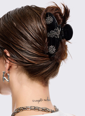 Minga 新品暗黑哥特风 做旧银色巴洛克花卉雕刻图案黑色发夹抓夹