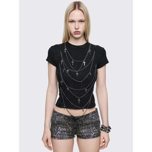 暗黑亚文化哥特 短袖 多层十字架吊坠 修身 上衣 水洗黑短款 Minga