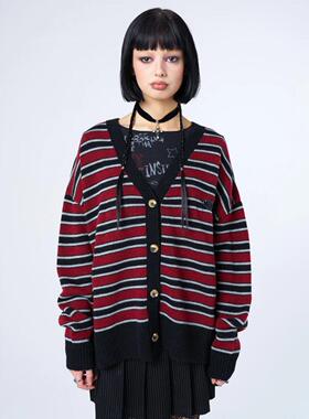 Minga 新品美式复古红黑色条纹拼接V领宽松落肩针织毛衣外套
