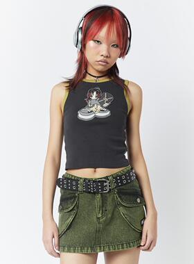Minga夏季新品千禧辣妹Y2K滑冰女孩印花圆领修身短款无袖背心上衣