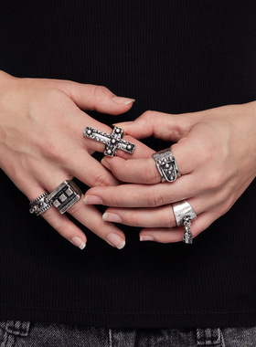 Minga 新品美式朋克做旧银色 十字架/骷髅/粗犷戒圈 戒指套装组合