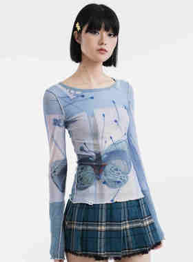 代购 Sixthdimension 亚文化Y2k手绘蝴蝶 网眼弹性长袖上衣