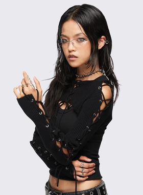 Minga 新品暗黑风黑色罗纹针织超短款系带装饰设计 耸肩长袖上衣