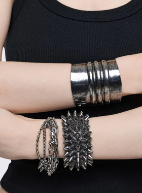 Minga 亚文化朋克 做旧银色 宽手镯/铆钉/多层链条 手镯手链套装