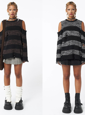 Minga春季复古朋克撞色条纹拼接破洞设计宽松露肩套头长袖针织衫