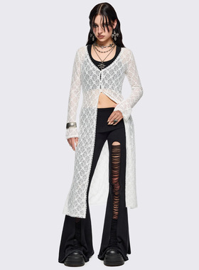 Minga 新品复古Y2K白色花卉蕾丝 v领长袖微喇蕾丝开衫外套