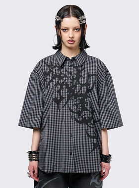 Minga 新品美式朋克 Tattooed图案 黑灰格子 宽松落肩保龄球称身