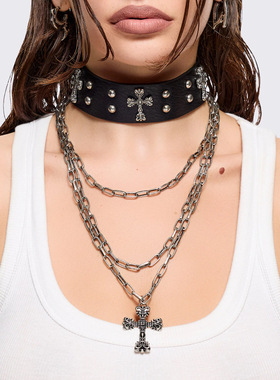 Minga 新品暗黑哥特 十字架吊坠/雕刻图案 PU皮项圈项链组合套装