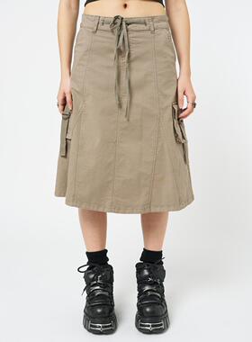 Minga夏季新品美式复古纯色口袋装饰自然腰可系带工装半裙中长裙