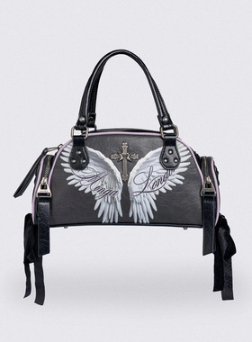 Minga 哥特风 白色羽翼图案/金属十字架/系带装饰 双手柄保龄球包