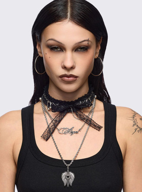 Minga新品 暗黑哥特 黑色蕾丝蝴蝶结/羽翼心形吊坠/穿孔项链套装