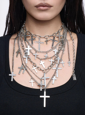 Minga新品 暗黑哥特 做旧银色 十字架图案 多层项链锁骨链套装