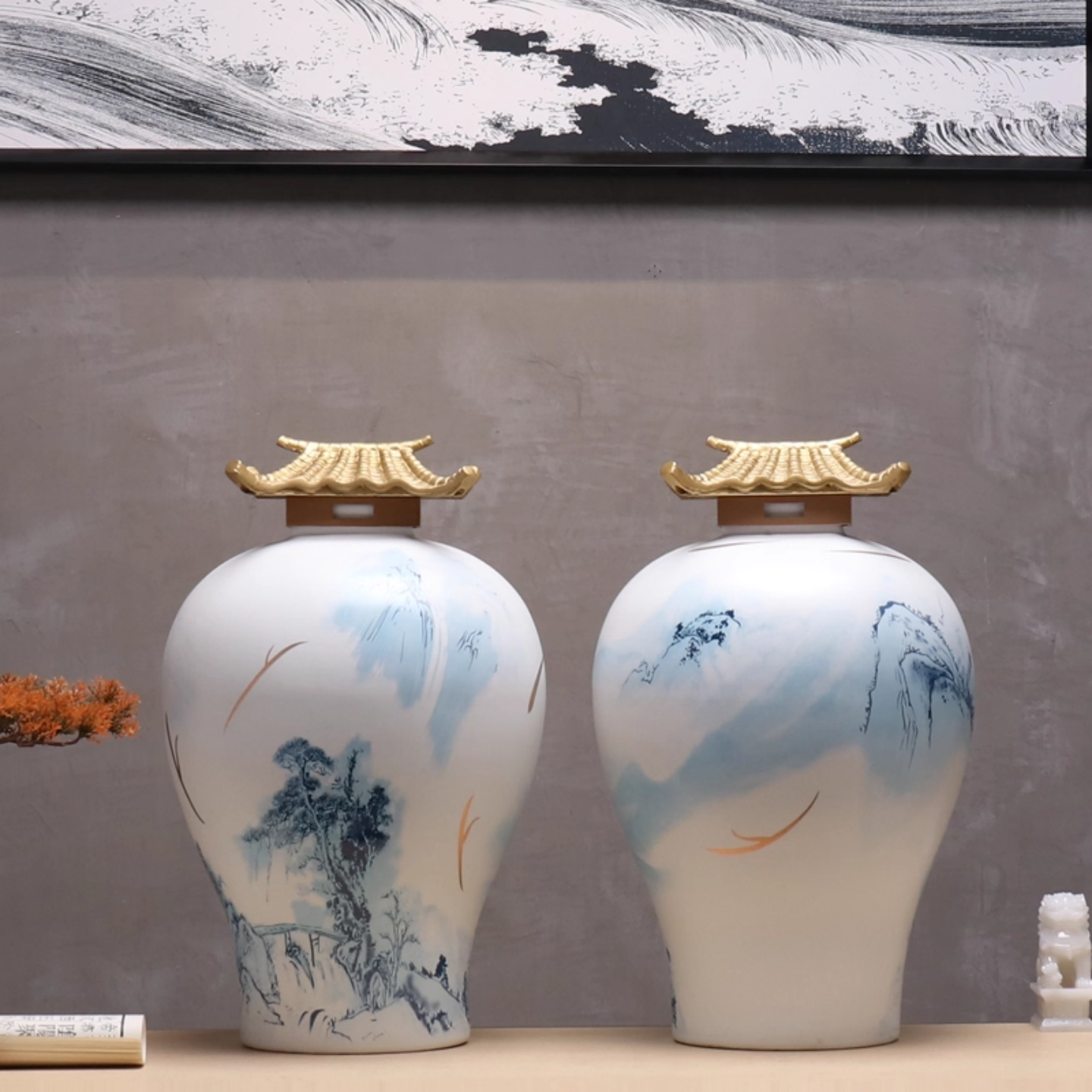 新中式创意陶瓷装饰罐屋顶造型艺术品摆件样板房酒店客厅玄关摆设