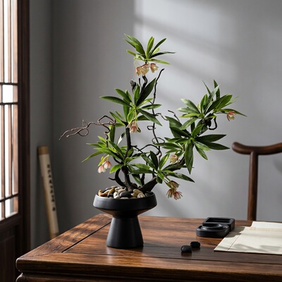 新中式创意禅意永生苔藓仿真花艺摆件实木柳枝书房玄关绿植装饰品