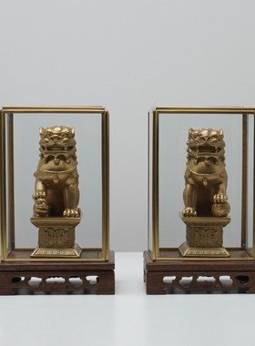 新中式树脂狮子玻璃罩摆件一对