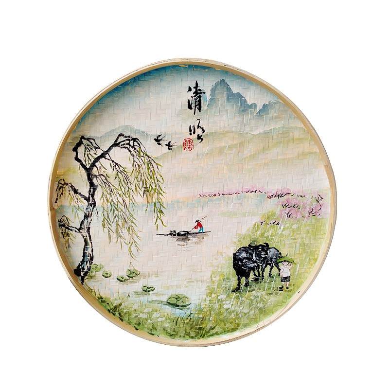 手绘竹编画餐厅挂画簸箕画农家乐饭店创意装饰复古怀旧工艺画包邮