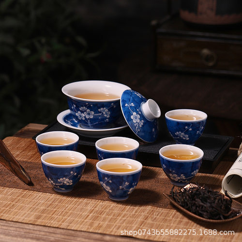 青花冰梅纹 纯手工三才盖碗陶瓷碗泡茶杯功夫茶具敬茶碗茶备