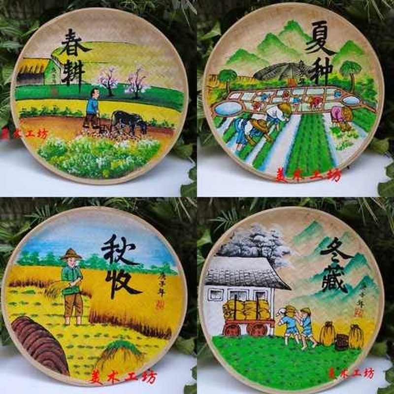 复古农耕装饰竹编手绘簸箕画农庄餐厅田园勤劳致富乡村文化墙素材_虎窝淘