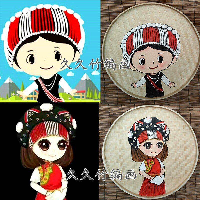 手工绘画竹编簸箕画少数民族特色风情墙饰圆竹编挂饰创意餐厅装饰