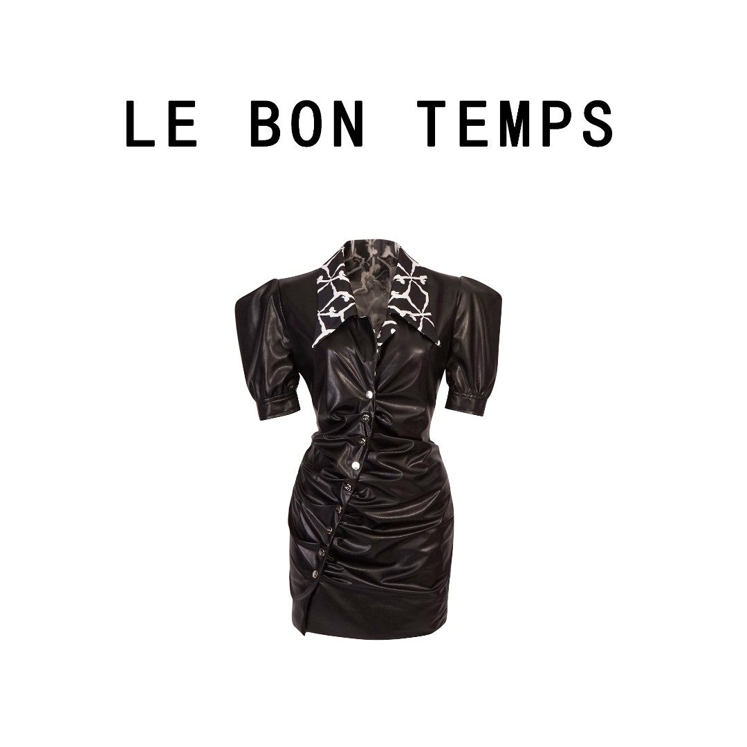 【LE BON TEMPS】黑色V领连衣裙定制包臀皮裙Dress連衣裙