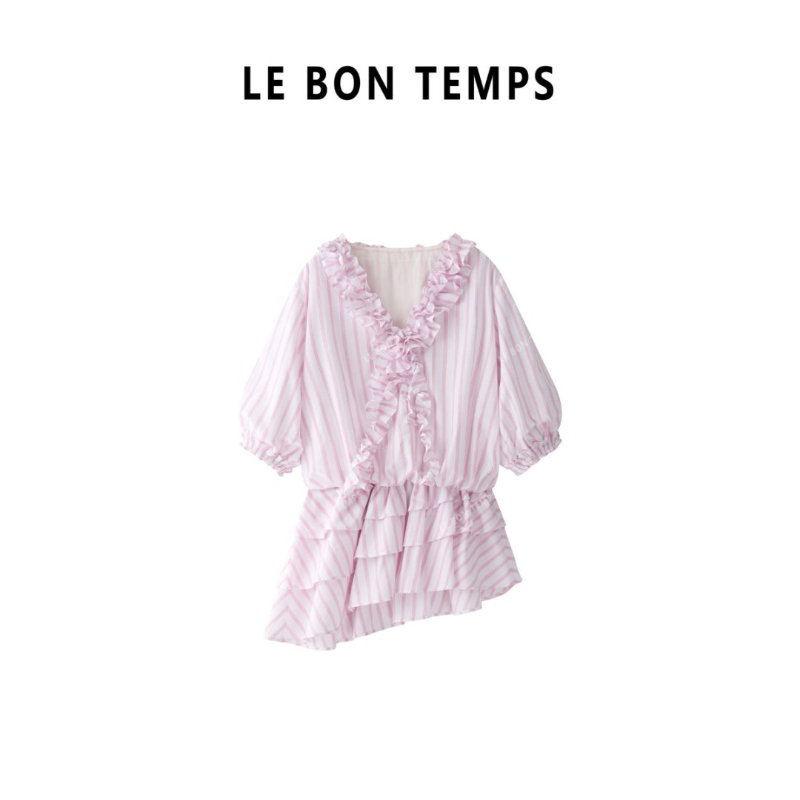 【LBT&春夏款】甜美条纹松弛立体花边木耳边连衣裙c801489