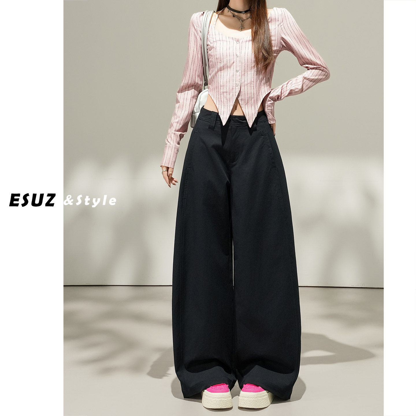 日本offcat高级感深蓝阔腿西装裤女春季新款宽松垂坠感直筒弯刀休