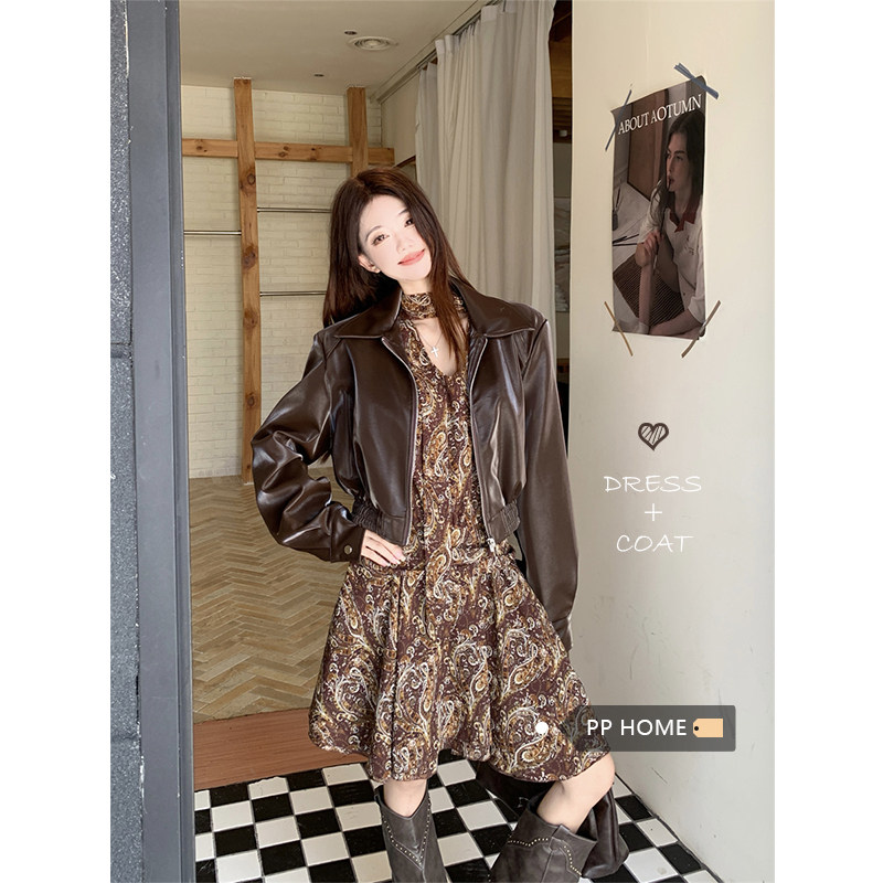 日本offcat高级感复古咖色短款皮衣外套女秋季碎花长袖连衣裙时尚