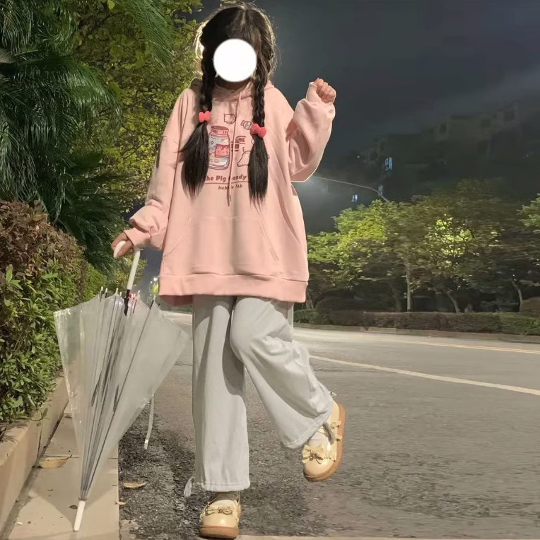 日本offcat联名卡通卫衣女秋季薄款甜美宽松网红穿搭两件套装