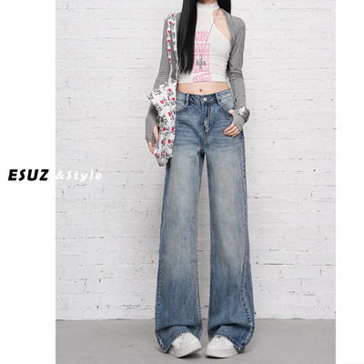 日本offcat复古蓝窄版直筒牛仔裤女春季2026秋冬款小个子美式宽松