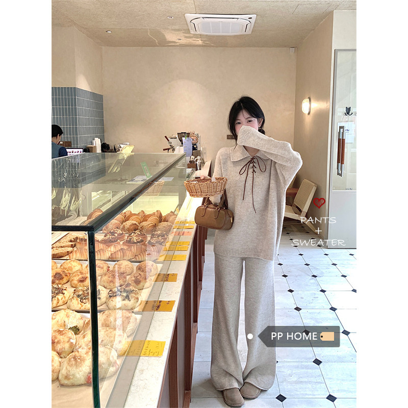 日本offcat韩系早秋穿搭一整套女高级感绑带polo领毛衣针织衫直筒