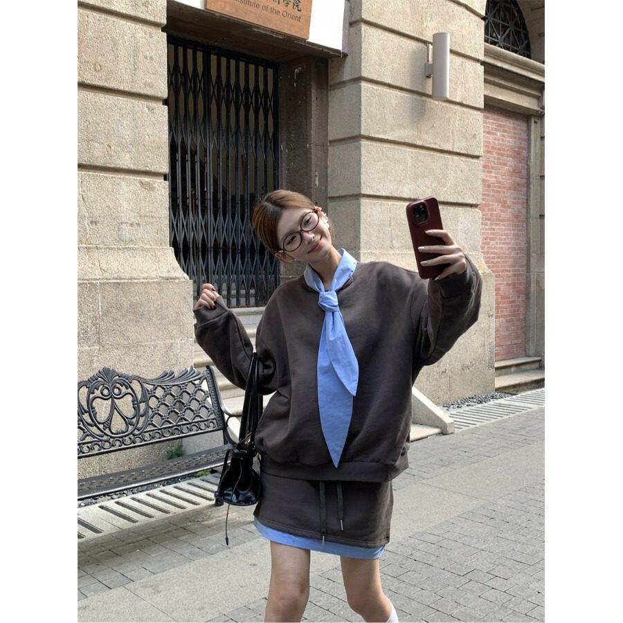 日本offcat学院风套装深灰色加绒保暖卫衣女秋冬假两件拼接撞色半