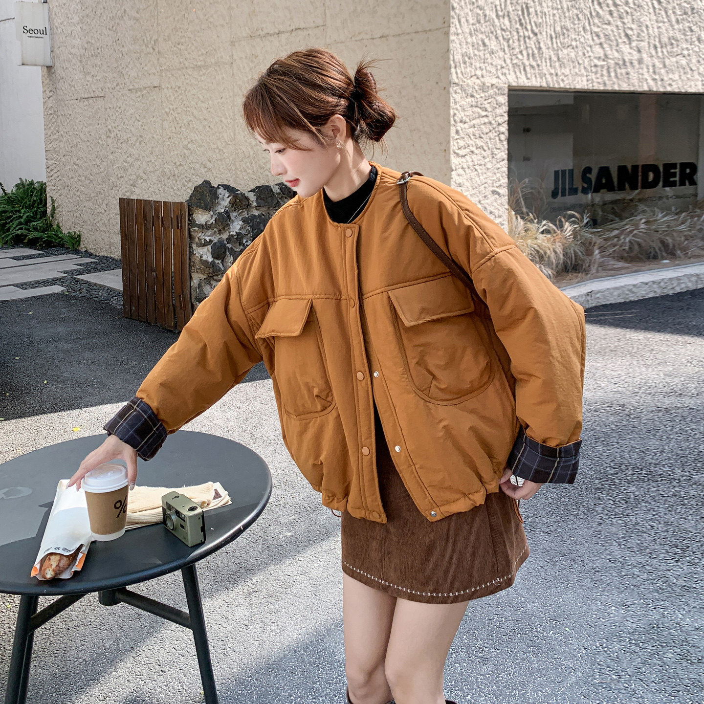 日本offcat南瓜色羽绒棉服女冬季新款小个子短款2025超好看洋气别