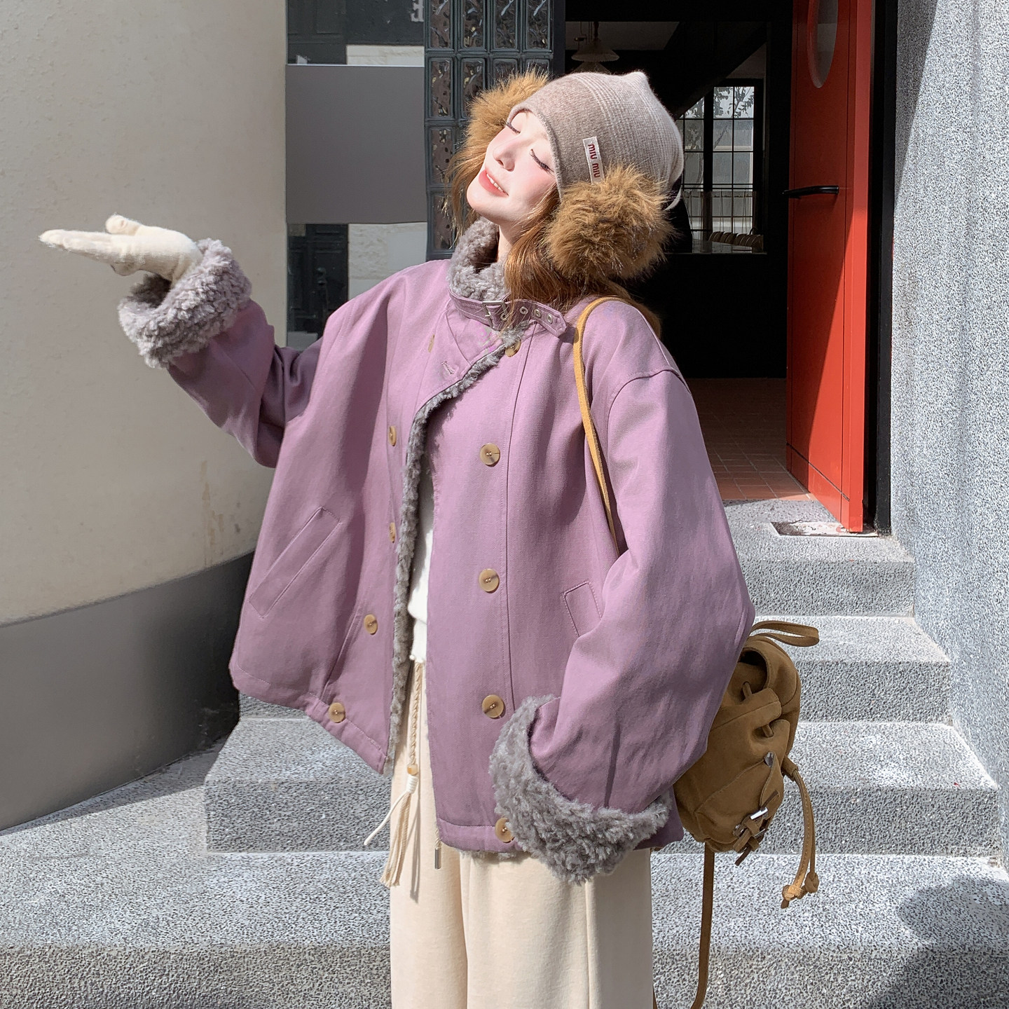 日本offcat毛绒拼接派克羽绒服女2025冬季新款巨好看的紫色90白鸭