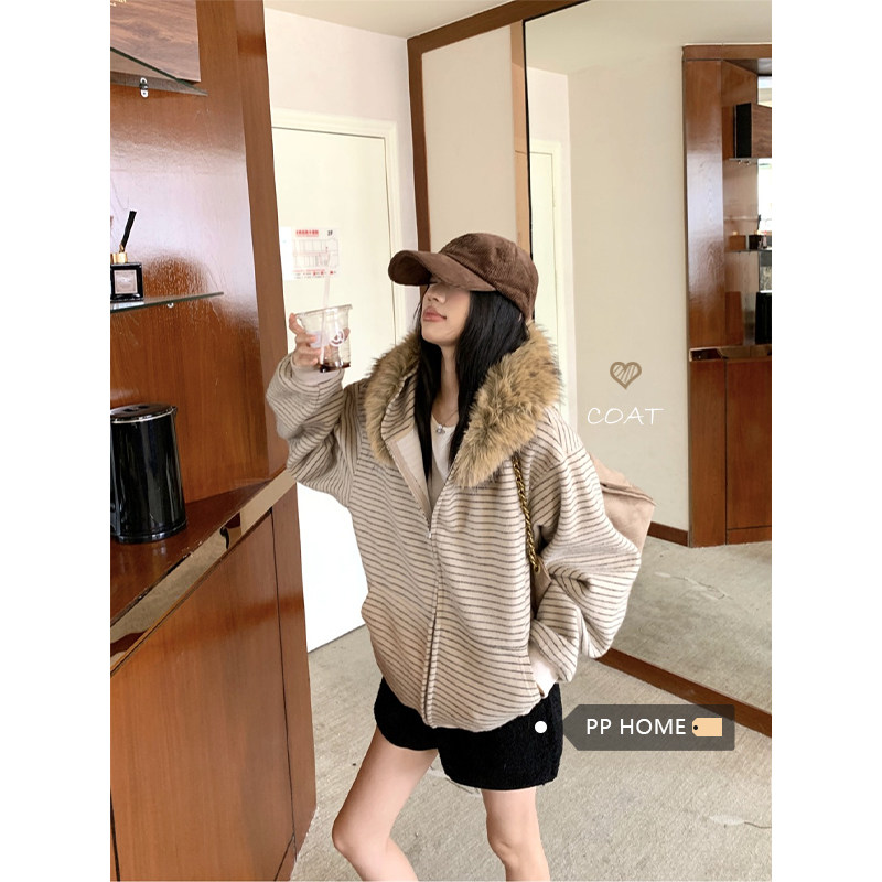 日本offcat复古大毛领条纹连帽卫衣短款外套女秋季休闲宽松慵懒风