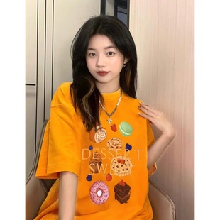 日本offcat联名橙色印花短袖t恤女2025新款夏季复古设计感上衣