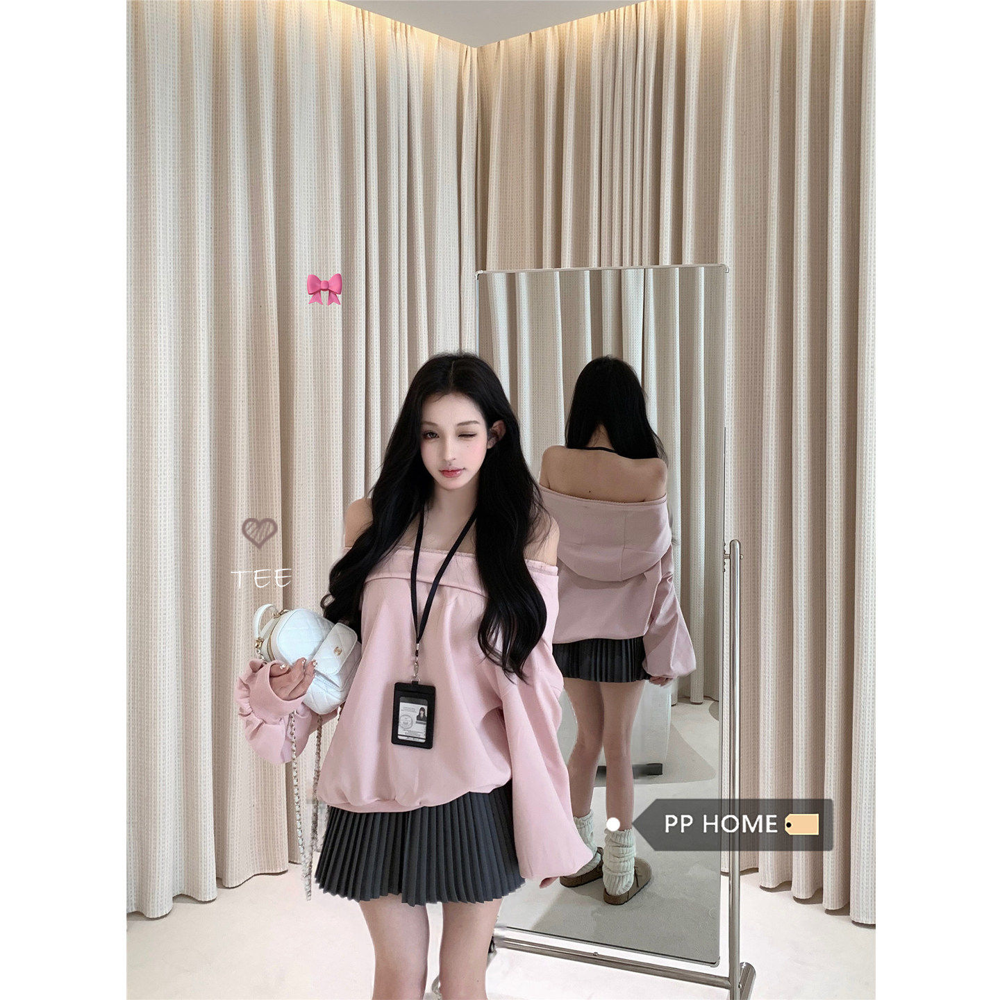 日本offcat甜美套装粉色一字领宽松减龄连帽卫衣女秋冬高腰百褶半,女装/女士精品,时尚套装,淘宝优惠券,粉丝福利购,淘宝优惠卷