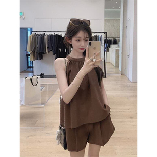 日本offcat度假老钱风天丝亚麻套装女2025夏小个子挂脖小衫阔腿短