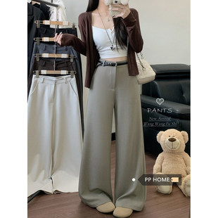 日本offcat气质高级感卡其色高腰显瘦阔腿长裤女秋冬宽松垂感西装