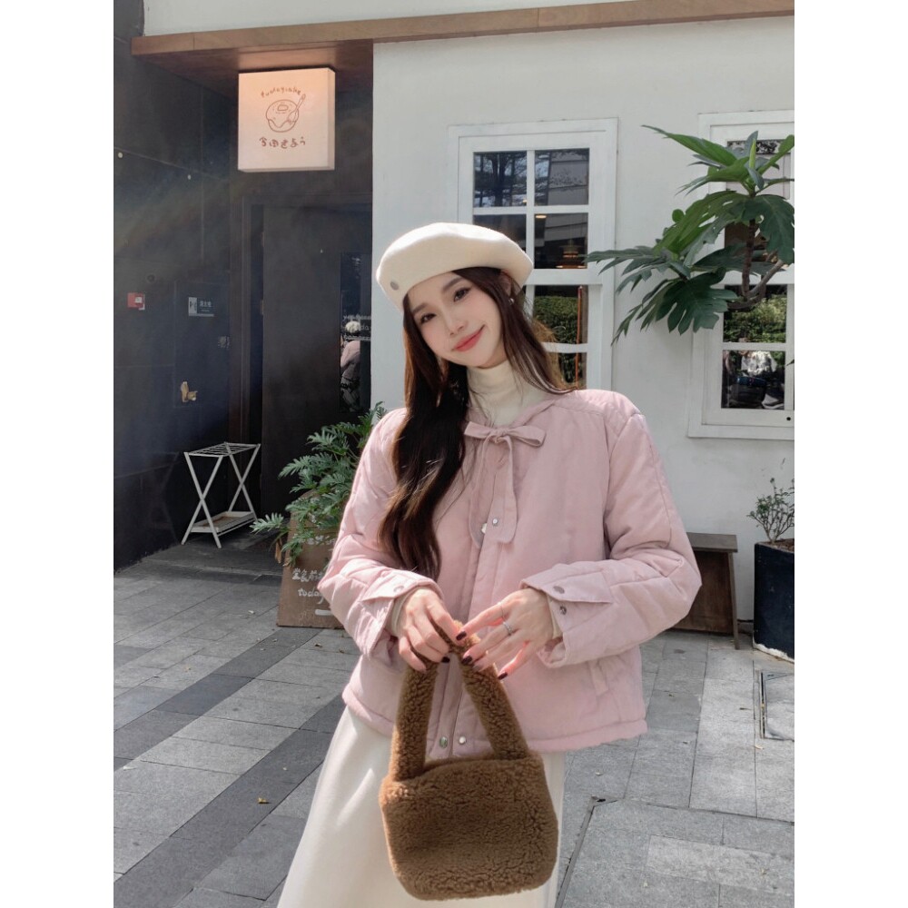 日本offcat韩系甜美风粉色圆领蝴蝶结系带外套女秋冬宽松加厚保暖