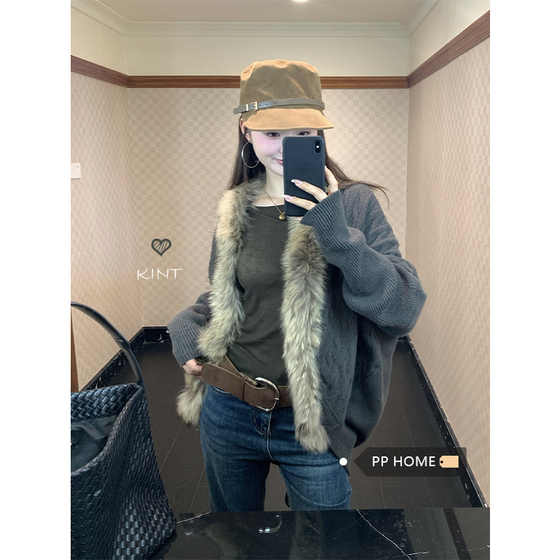 日本offcat灰色设计感毛衣毛领外套女秋季软糯休闲宽松蝙蝠袖针织