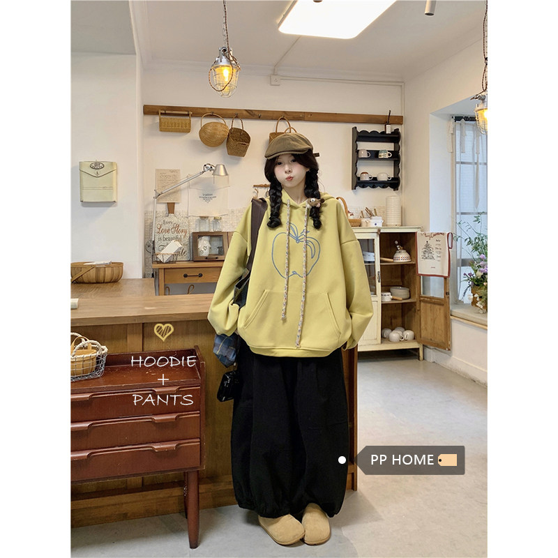 日本offcat黄色设计感抽绳宽松连帽卫衣外套女秋季两件套宽松休闲