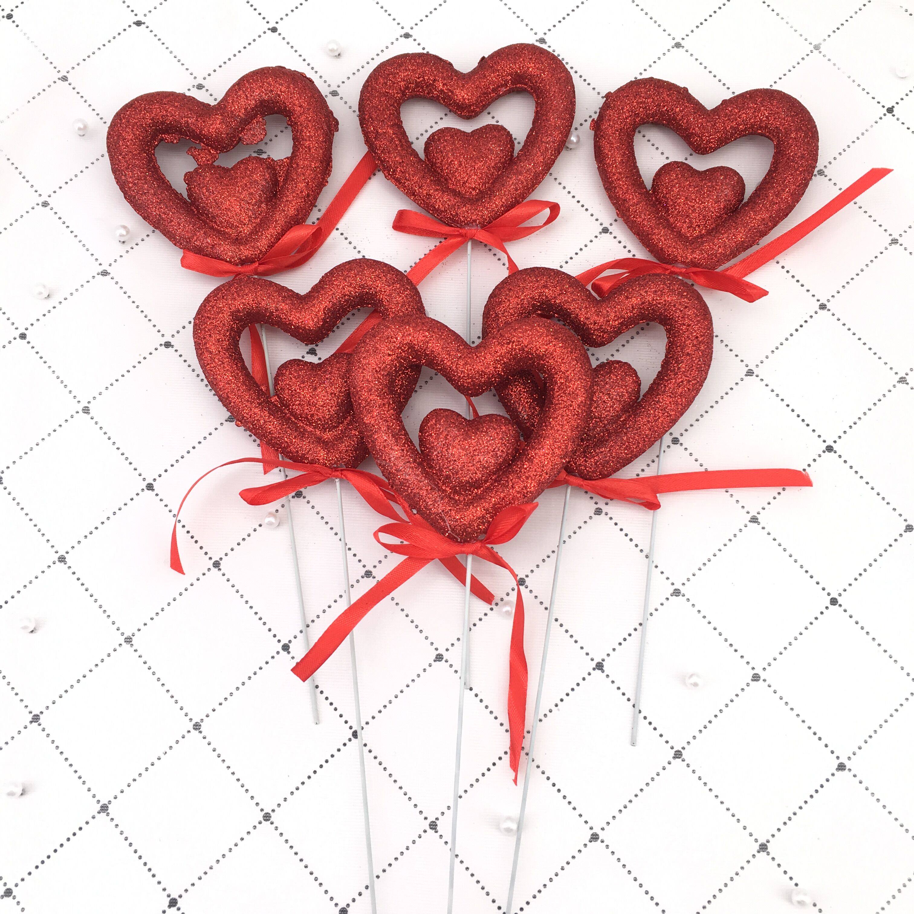 爱心双心插牌烘焙生日蛋糕装饰闪粉泡沫甜品台红色心形婚礼插件